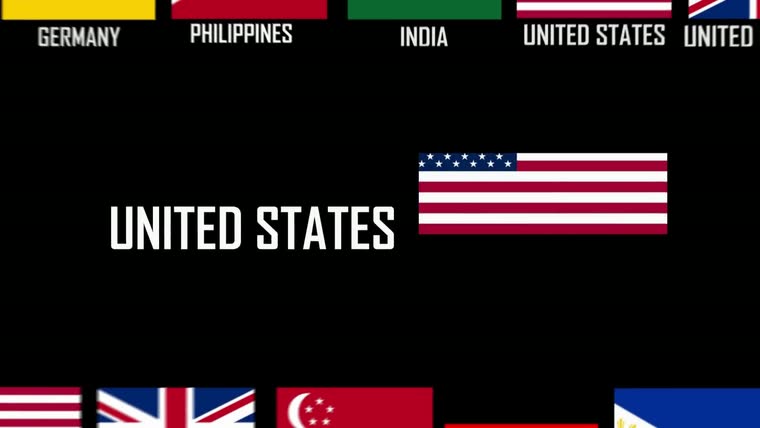 Country title card — bold type and flag